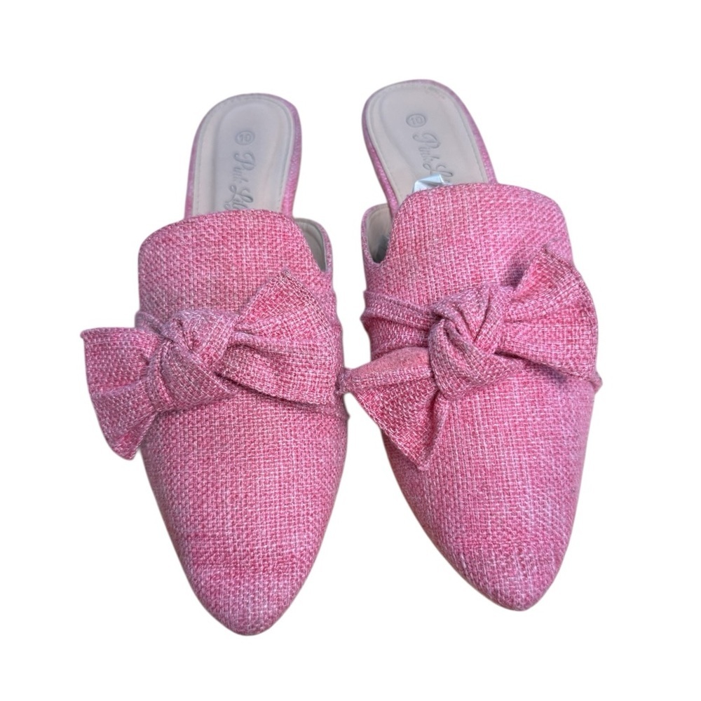 Pink Lily Pink Bow Pointed Toe Mules Tweed Size 10 - Picture 2 of 13